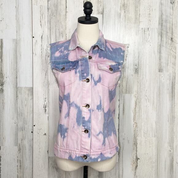Mustard Seed Bleached Denim Vest Blue Pink Tie Dye Boho Festival Casual Size S - Picture 1 of 5